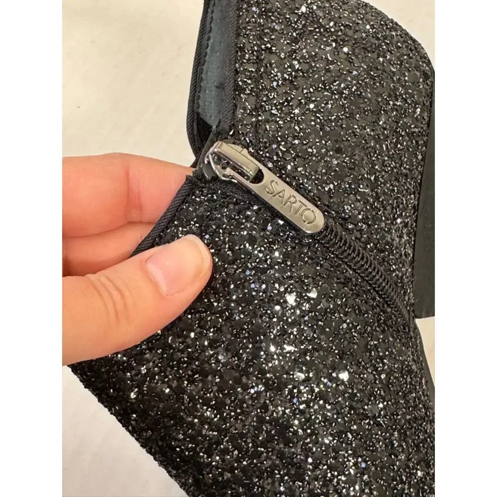 Franco Sarto Black Glitter Ankle Boots Booties Womens 9 Boho Western Glitz Glam